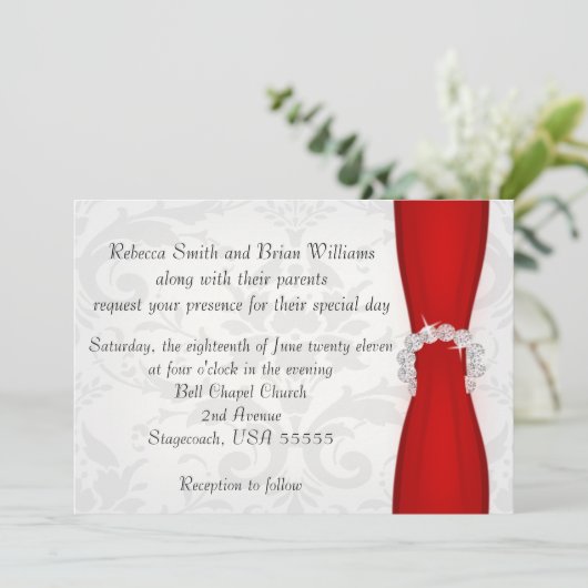 Rood en zilver Damask Diamond Bow Wedding Kaart (Staand voorkant)