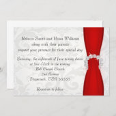 Rood en zilver Damask Diamond Bow Wedding Kaart (Voorkant / Achterkant)
