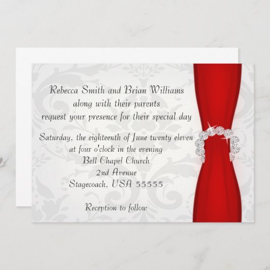 Rood en zilver Damask Diamond Bow Wedding Kaart (Voorkant / Achterkant)