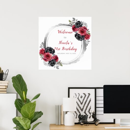 Rood en Zilver Elegant Bloemen Verjaardagsfeest Poster (Thuiskantoor)