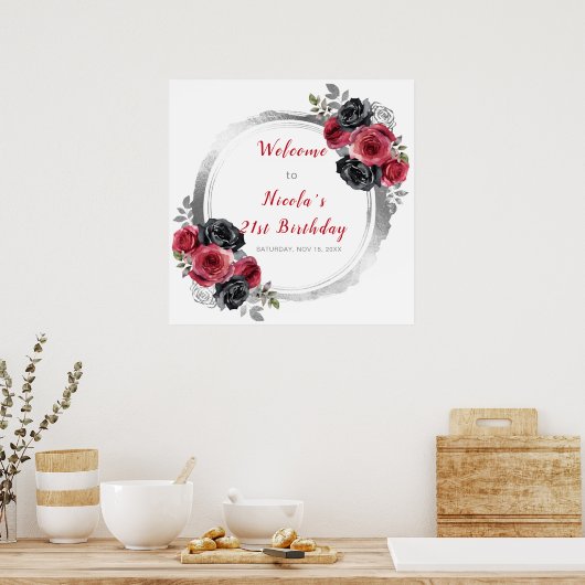 Rood en Zilver Elegant Bloemen Verjaardagsfeest Poster (Keuken)