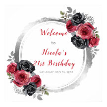 Rood en Zilver Elegant Bloemen Verjaardagsfeest