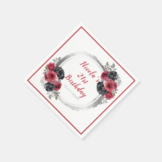 Rood en Zilver Elegant Bloemen Verjaardagsfeest Servet (Hoek)