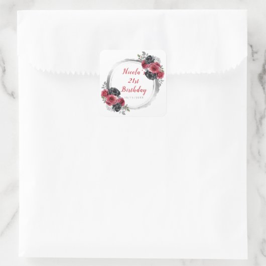Rood en Zilver Elegant Bloemen Verjaardagsfeest Vierkante Sticker (Tas)