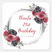 Rood en Zilver Elegant Bloemen Verjaardagsfeest Vierkante Sticker (Voorkant)