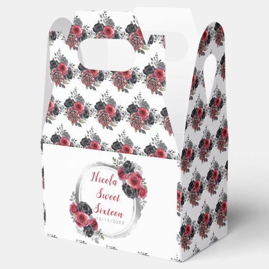Rood en Zilver Elegante Bloemen Sweet Sixteen Bedankdoosjes (Geopend)