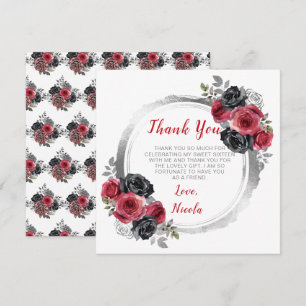 Rood en Zilver Elegante Bloemen Sweet Sixteen Bedankkaart