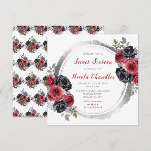 Rood en Zilver Elegante Bloemen Sweet Sixteen Kaart