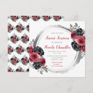 Rood en Zilver Elegante Bloemen Sweet Sixteen Kaart