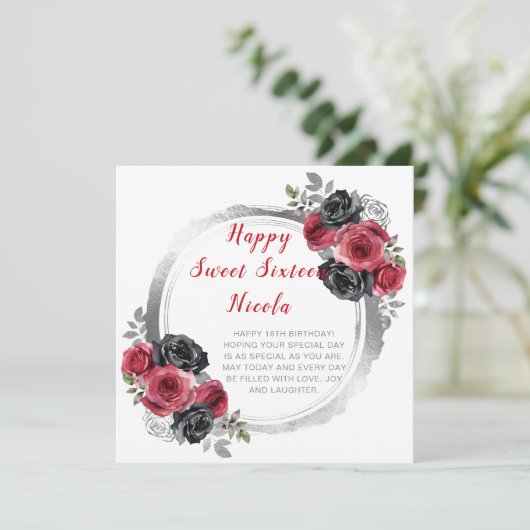 Rood en Zilver Elegante Bloemen Sweet Sixteen Kaart (Staand voorkant)