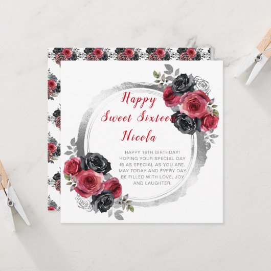 Rood en Zilver Elegante Bloemen Sweet Sixteen Kaart (Voorkant / Achterkant in situ)