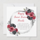 Rood en Zilver Elegante Bloemen Sweet Sixteen Kaart (Voorkant)