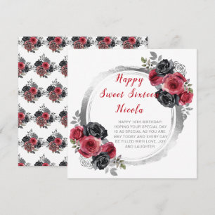 Rood en Zilver Elegante Bloemen Sweet Sixteen Kaart