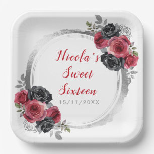 Rood en Zilver Elegante Bloemen Sweet Sixteen Papieren Bordje
