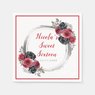 Rood en Zilver Elegante Bloemen Sweet Sixteen Servet