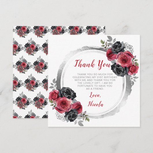 Rood en Zilver Elegante Bloemen Verjaardag Bedankkaart (Voorkant / Achterkant)