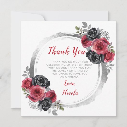 Rood en Zilver Elegante Bloemen Verjaardag Bedankkaart (Voorkant)