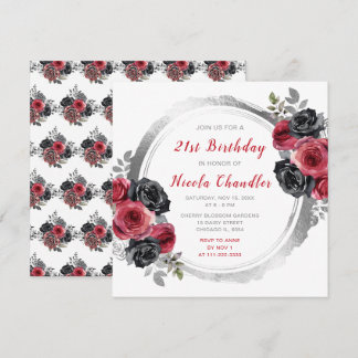 Rood en Zilver Elegante Bloemen Verjaardagsfeest Kaart