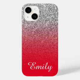 Rood en zilver glitter ombre gepersonaliseerd Case-Mate iPhone 14 hoesje