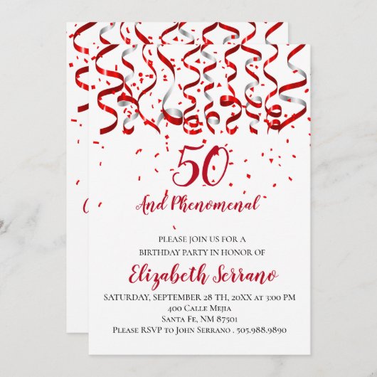 Rood en zilver lint en rode Confetti 50e verjaarda Kaart (Voorkant / Achterkant)