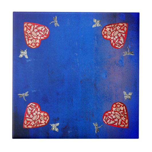 rood en zilver milagro hart met vlinder tegeltje (Voorkant)