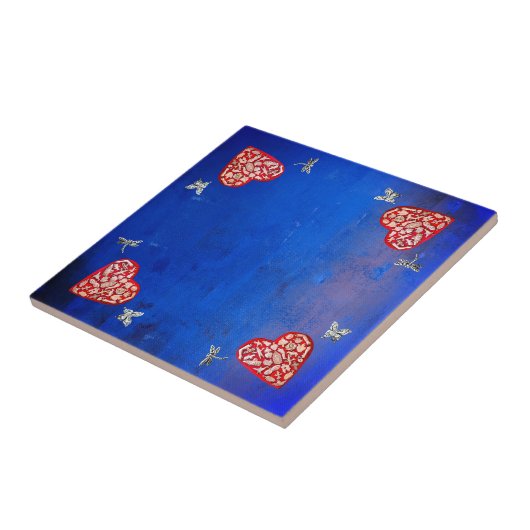  rood en zilver milagro hart met vlinder tegeltje (Zijkant)