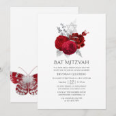 Rood en Zilver  Roos Bat Mitzvah Kaart (Voorkant / Achterkant)