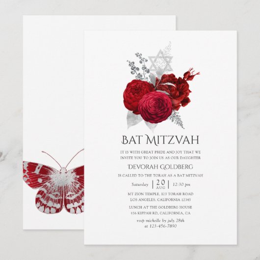 Rood en Zilver  Roos Bat Mitzvah Kaart (Voorkant / Achterkant)