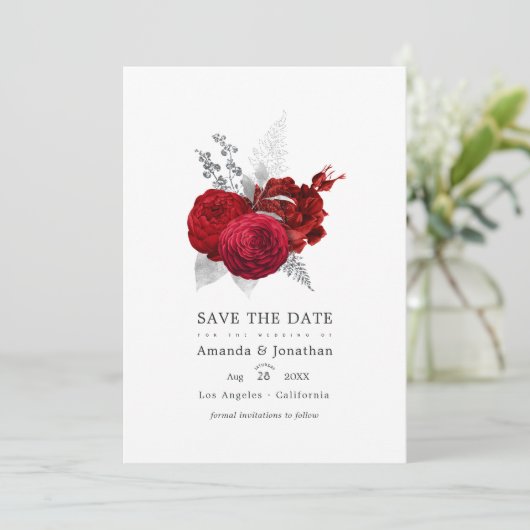 Rood en Zilver  Roos Wedding Foto Save The Date (Staand voorkant)