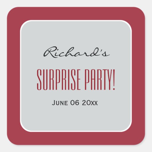 ROOD en ZILVER Verrassingsfeestje Aangepaste Naam Vierkante Sticker (Voorkant)