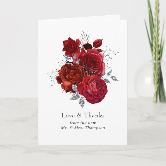 Rood- en zilveren Floral Wedding Bedankkaart (Voorkant)