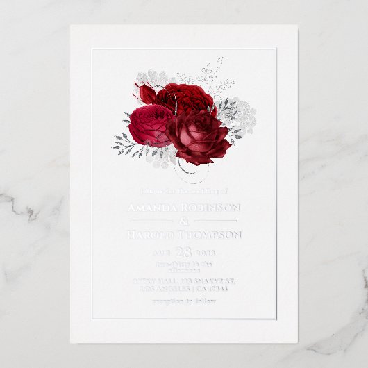 Rood- en zilveren Floral Wedding Folie Uitnodiging (Voorkant)