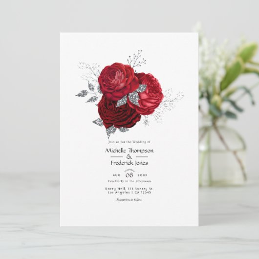 Rood- en zilveren Floral Wedding Kaart (Staand voorkant)
