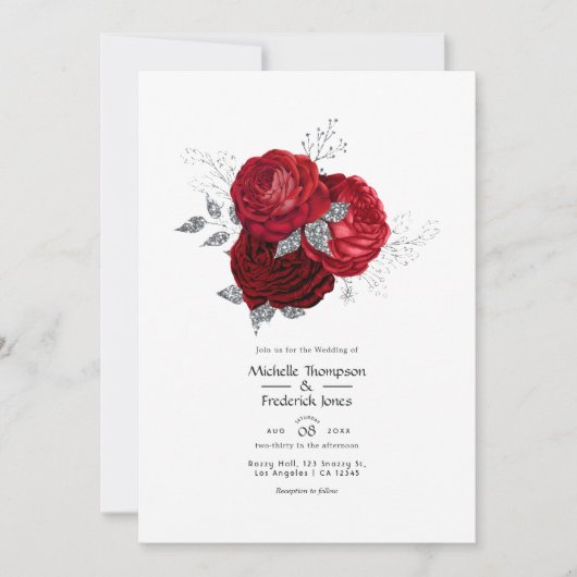 Rood- en zilveren Floral Wedding Kaart (Voorkant)