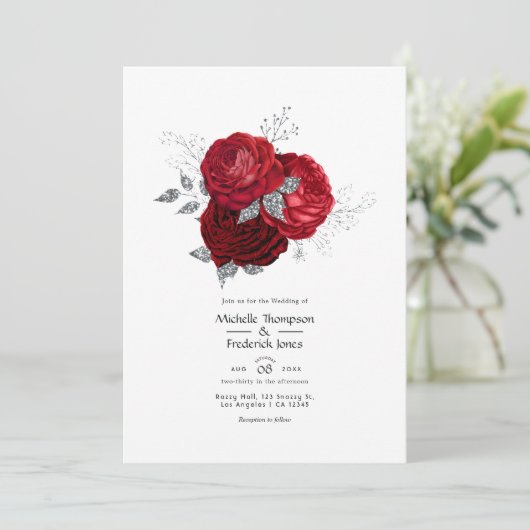 Rood- en zilveren Floral Wedding Kaart (Staand voorkant)