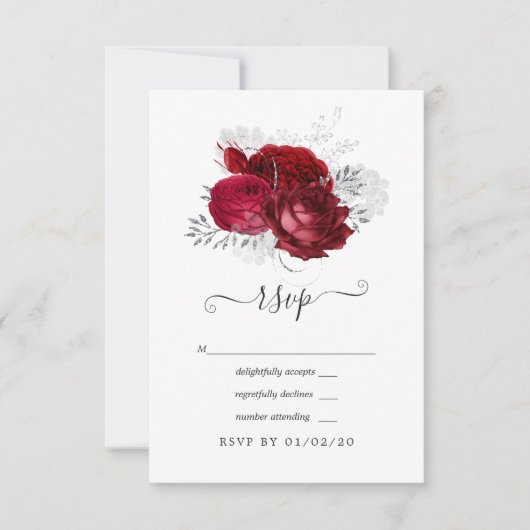 Rood- en zilveren Floral Wedding RSVP Kaartje (Voorkant)