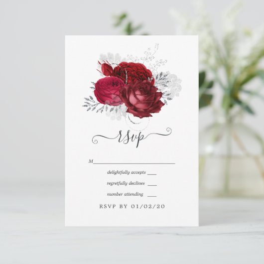 Rood- en zilveren Floral Wedding RSVP Kaartje (Staand voorkant)