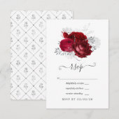 Rood- en zilveren Floral Wedding RSVP Kaartje (Voorkant / Achterkant)