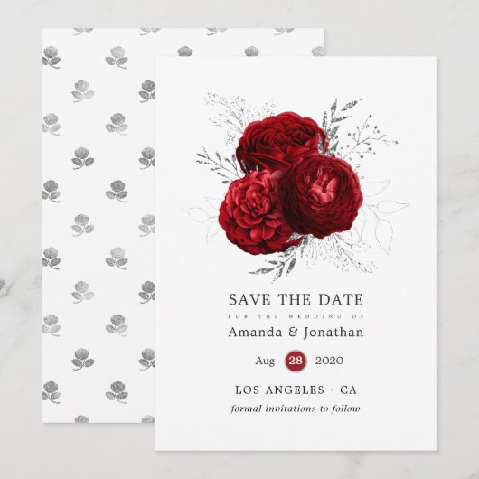 Rood- en zilveren Floral Wedding Save The Date (Voorkant / Achterkant)