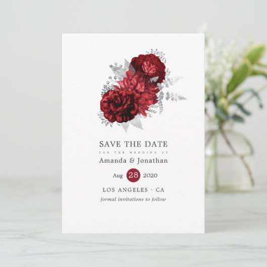 Rood en Zilveren Roos Bruiloft Save The Date (Staand voorkant)