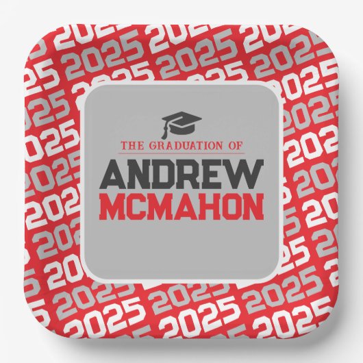 Rood en Zilvergrijs Gepersonaliseerd Afstuderen Papieren Bordje (Voorkant)