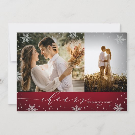 Rood- en zilversneeuwvlokken 2 kerstfoto's kaart (Voorkant)