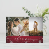Rood- en zilversneeuwvlokken 2 kerstfoto's kaart (Staand voorkant)