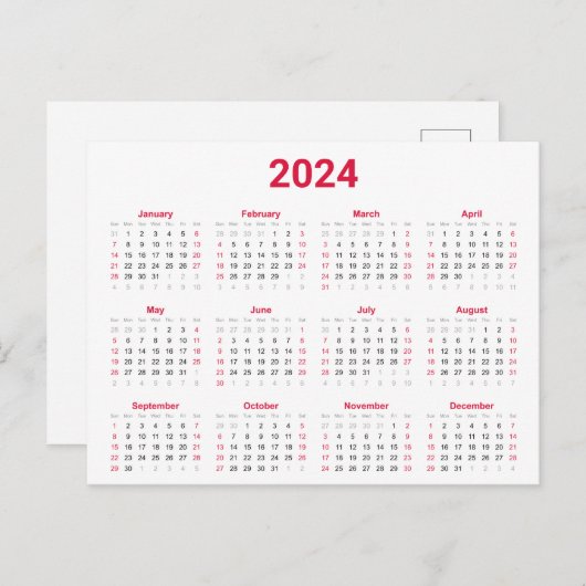 Rood en Zwart 2024 Jaar in het kort Kalender Briefkaart (Voorkant / Achterkant)