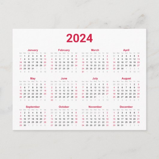 Rood en Zwart 2024 Jaar in het kort Kalender Briefkaart (Voorkant)
