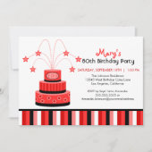 Rood en zwart 80th Birthday Cake Party Invitation Kaart (Voorkant)