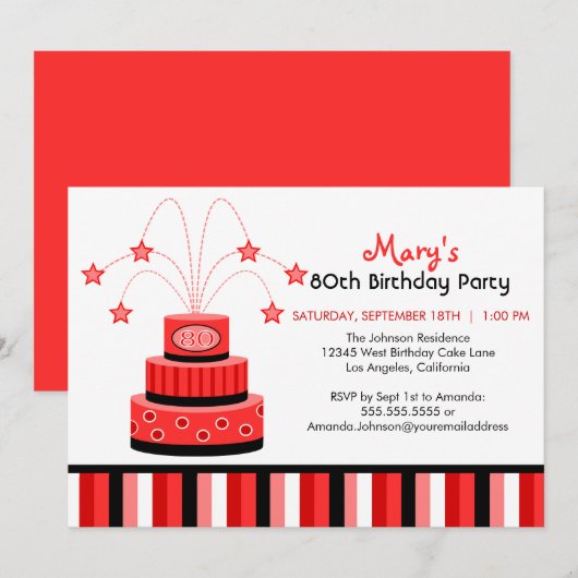Rood en zwart 80th Birthday Cake Party Invitation Kaart (Voorkant / Achterkant)