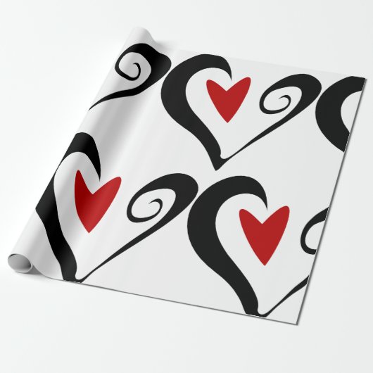 Rood en zwart Abstract Hart Modern Romantisch Cadeaupapier (Uitgerold)