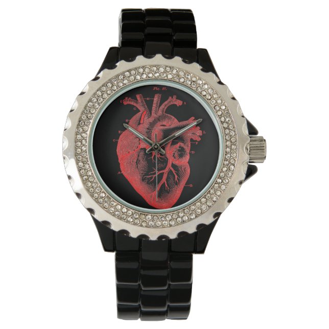 Rood en zwart anatomisch hart Elegant polt Watch Horloge (Voorkant)