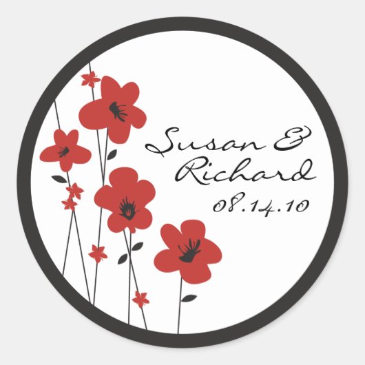 Rood en Zwart Anemone Bloem Bruiloft Ronde Sticker (Voorkant)